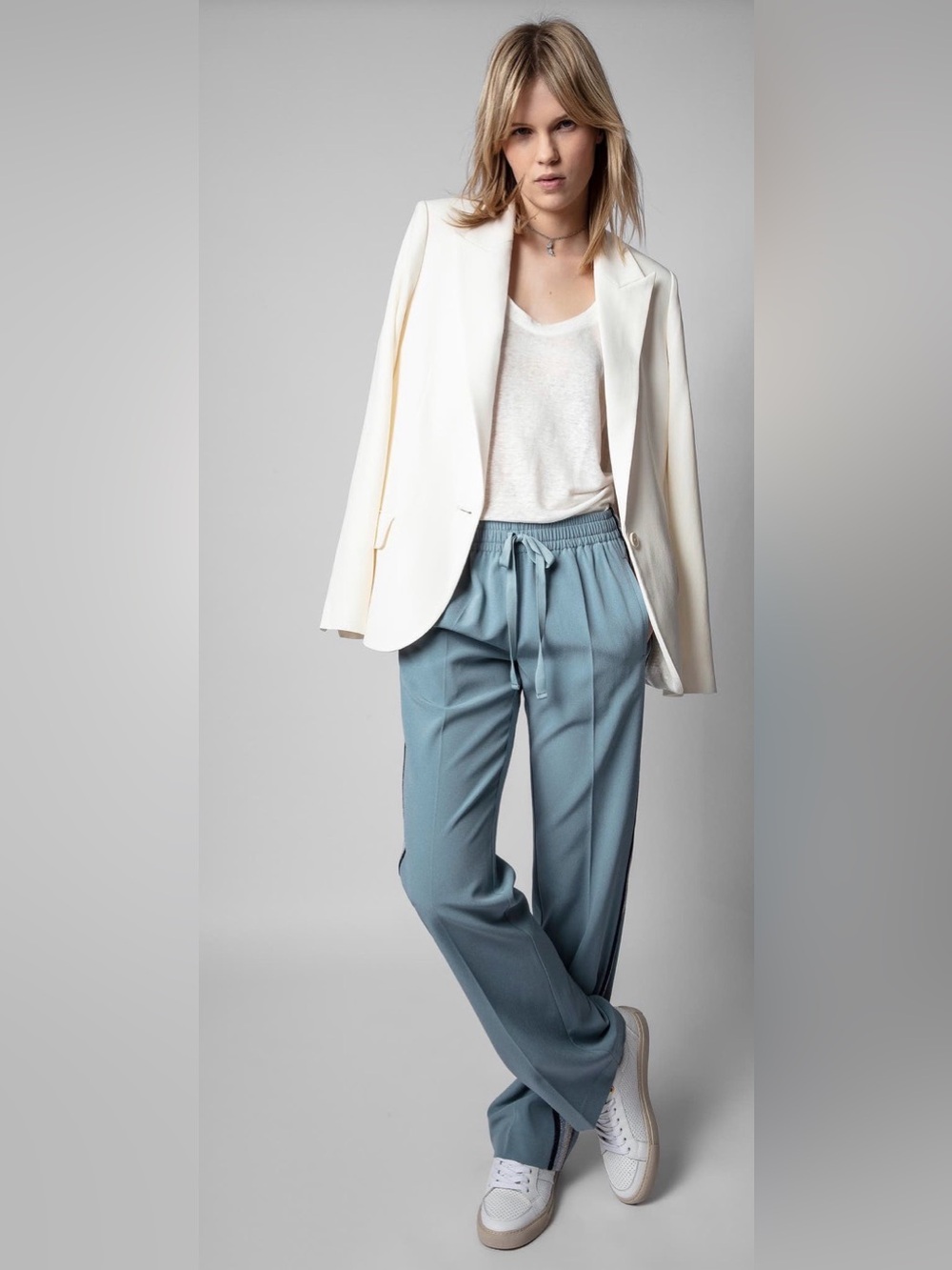 Zadig & Voltaire Pomy Crepe Striped Track Pants Color Nuage Blue Size 34/XS